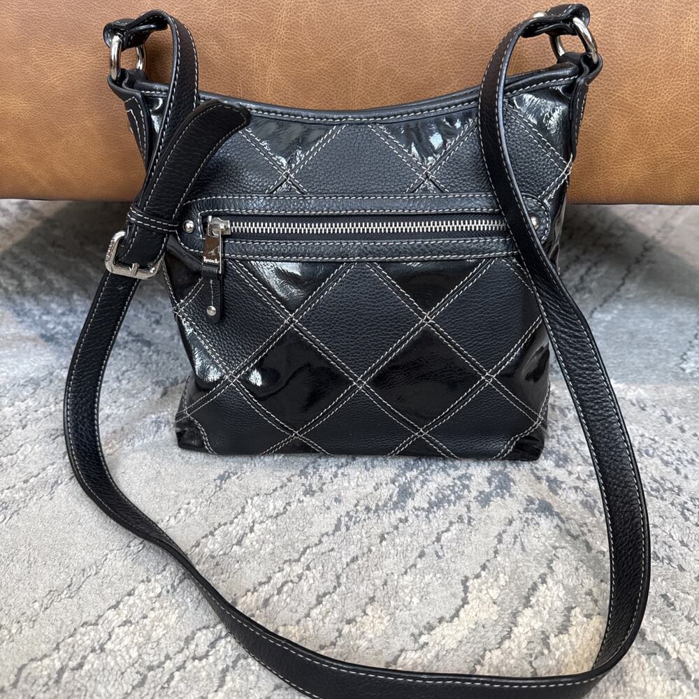 TIGNANELLO Diamond Patterned Black Pebbled & Patent Leather Cross Body Handbag